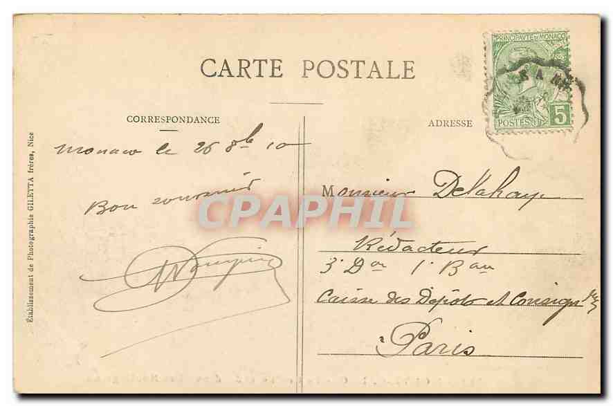 Monte-Carlo - Le Casino et Jardins - Les Boulingrins — Éditeur Gileta, Nîmes, n° 788 — Rückseite