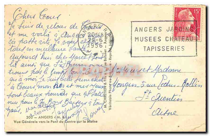 CPA Angers M et L vue generale vers le Pont du Centre sur la Maine  — Rückseite