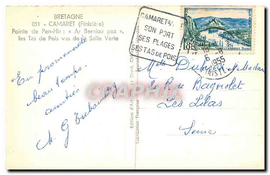 CPA Breatgne Camaret Finistere pointe de Pen Hir les Tas de Pois vus de la Salle Verte  — Rückseite