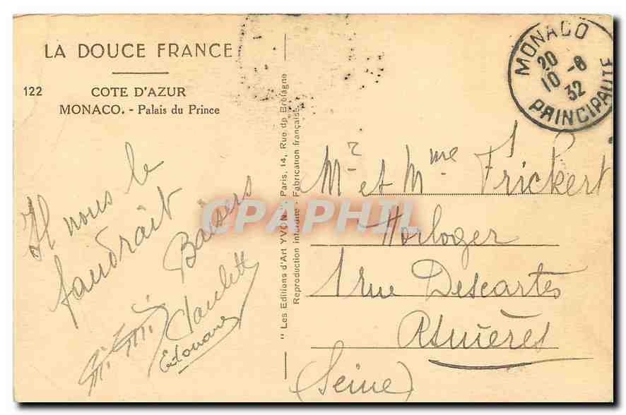 CPA La Douce France Cote d'Azur Monaco Palais du Prince — Rückseite