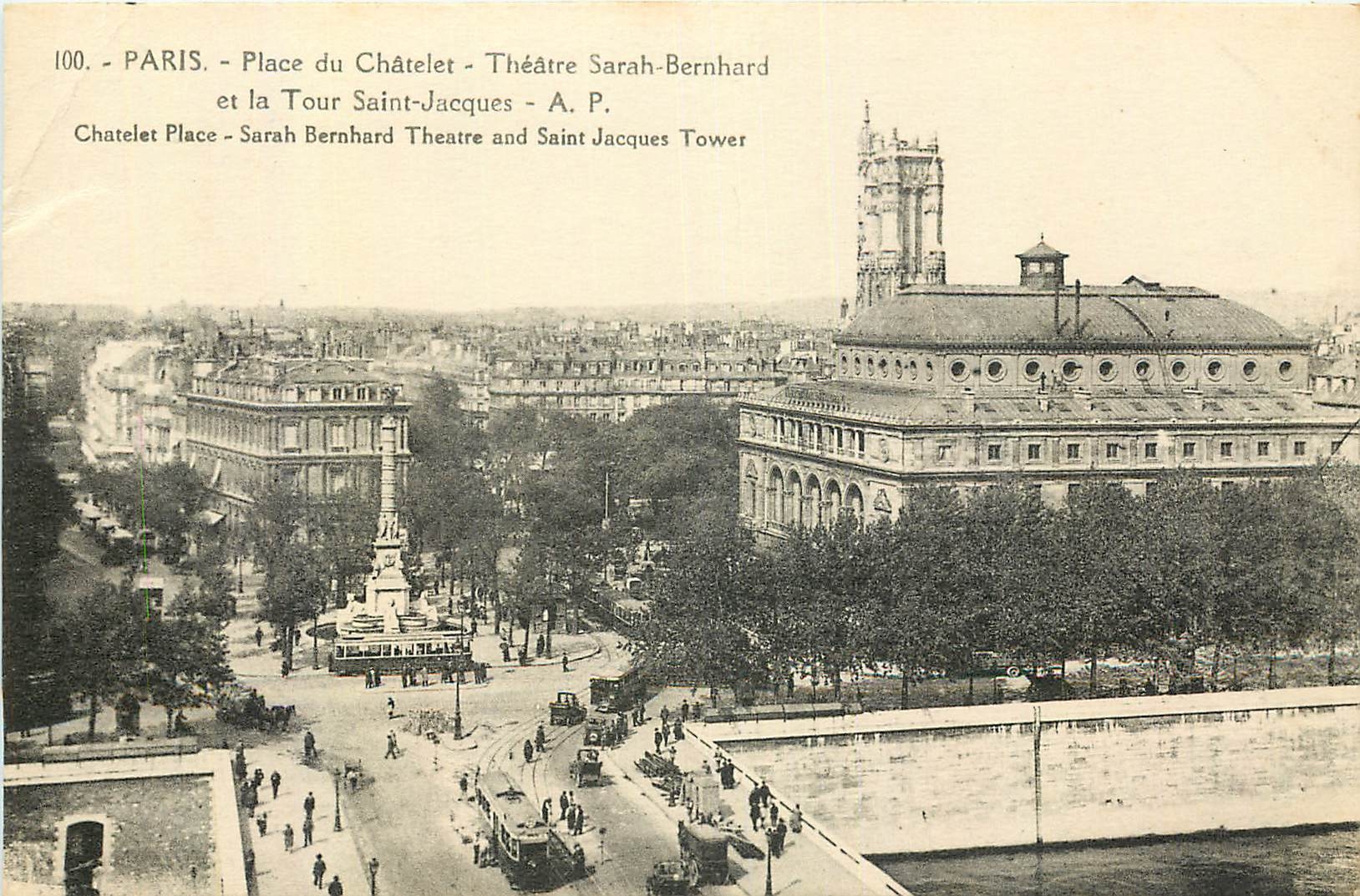 CPA Paris Place du Chatelet Theatre Sarah Bernhard et la Tour Saint Jacques 