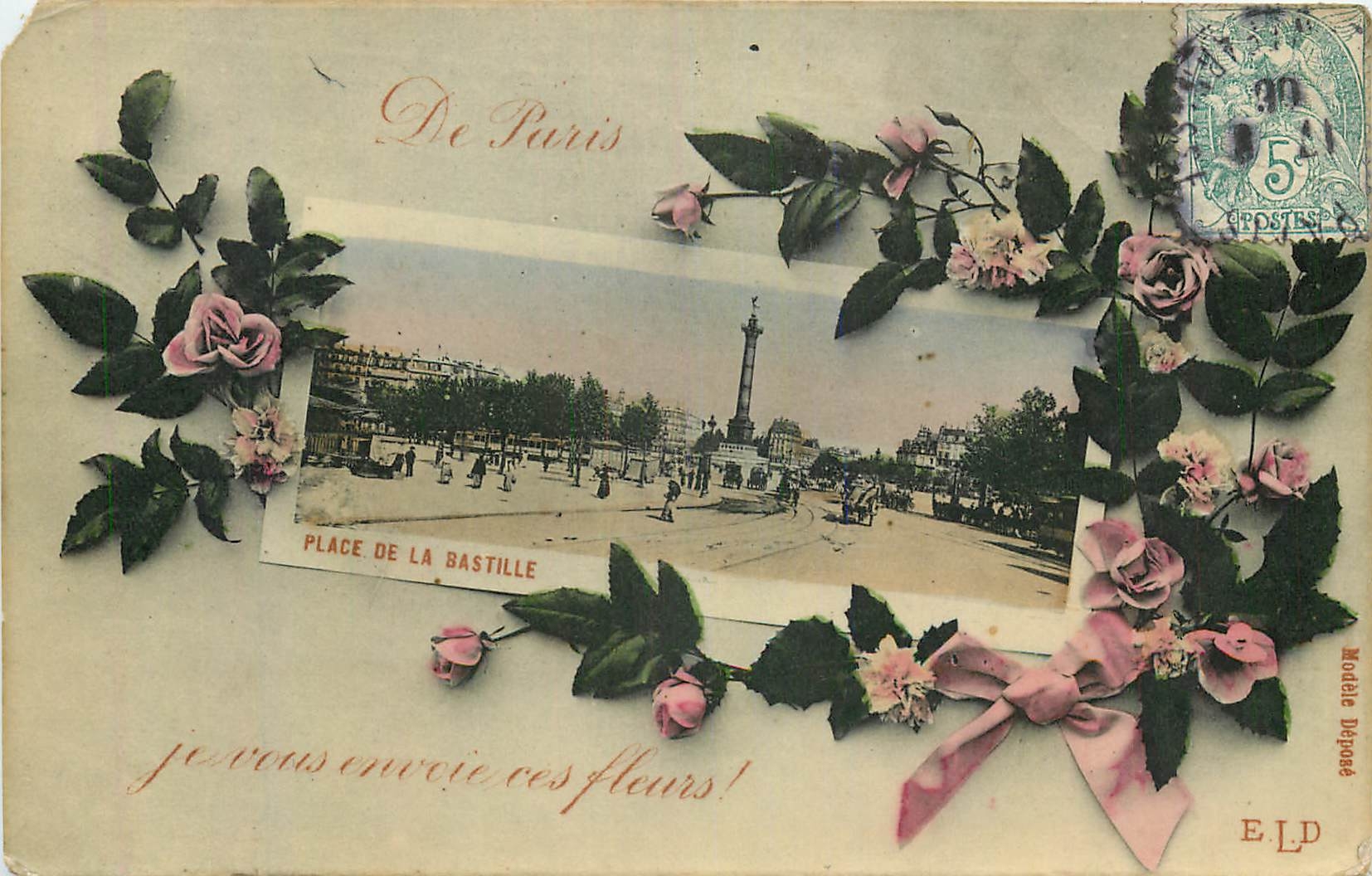 CPA De Paris Place de la Bastille je vous envoie ces fleurs 