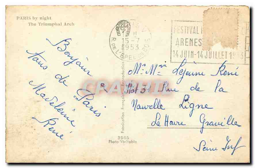 CPA Paris la Nuit l'Arc de Triomphe  — Rückseite
