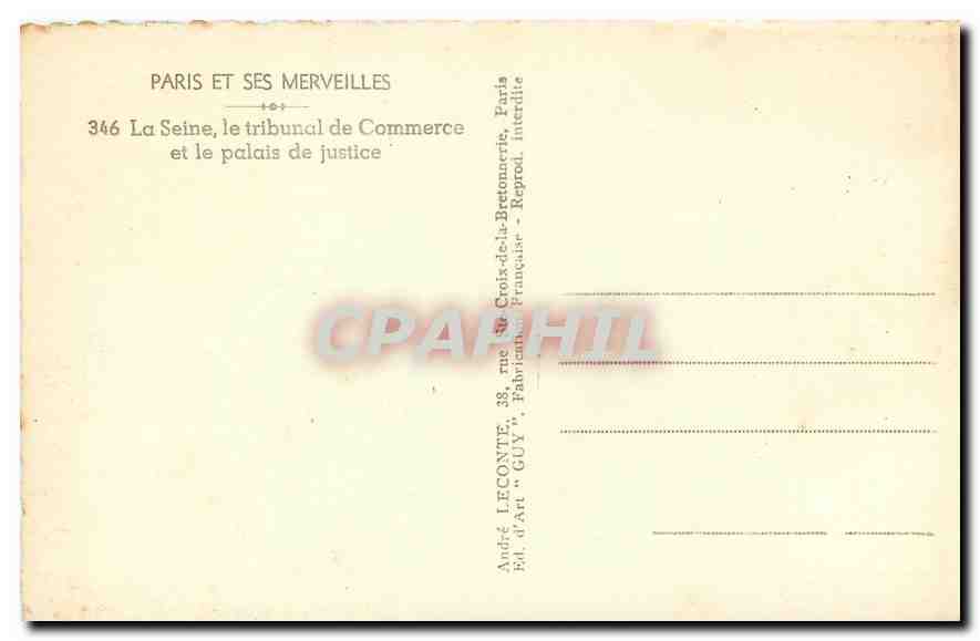 CPA Paris et ses Merveilles la Seine le tribunal de Commerce et le Palais de Justice  — Rückseite