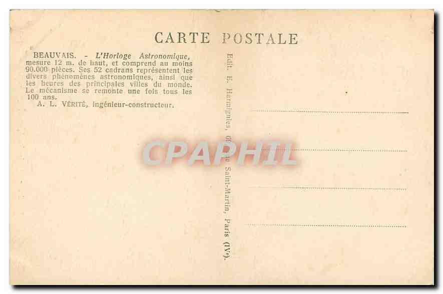 CPA Beauvais la Cathedrale l'Horloge Astronomique  — Verso