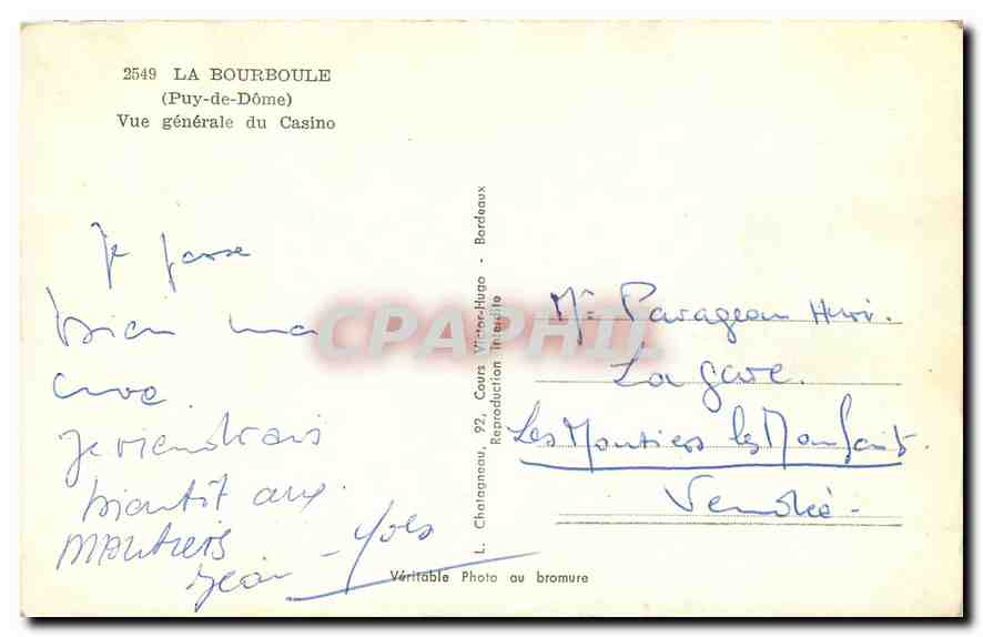 CPA La Bourboule Puy de Dome vue generale du Casino  — Rückseite