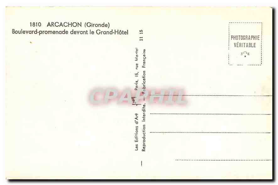 Arcachon — Boulevard-promenade devant le Grand-Hôtel — Éditions d'Art — Rückseite