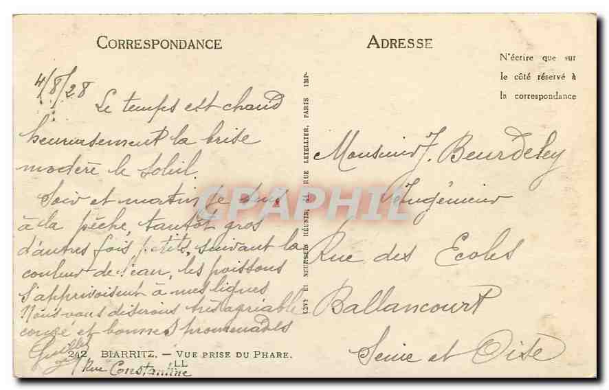 CPA Biarritz vue prise du Phare  — Rückseite