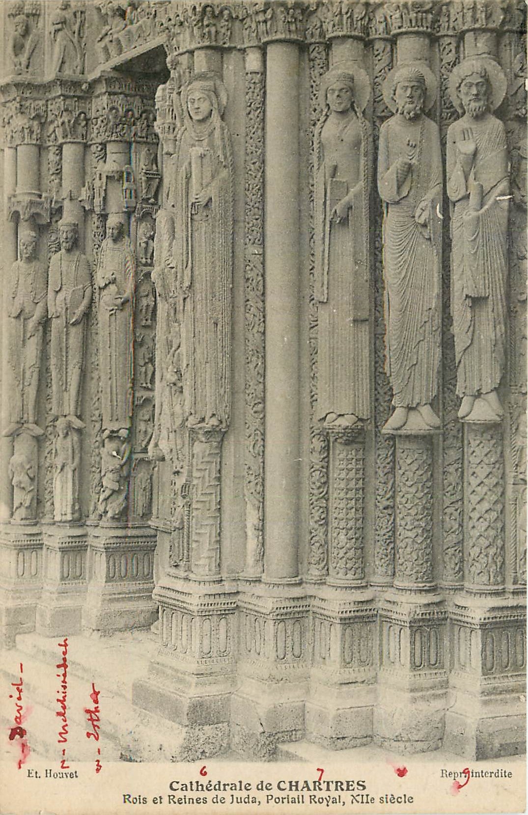 Cathédrale de CHARTRES — Rois et Reines de Juda, Portail Royal, XIIe siècle — Et. Houvet, n°6