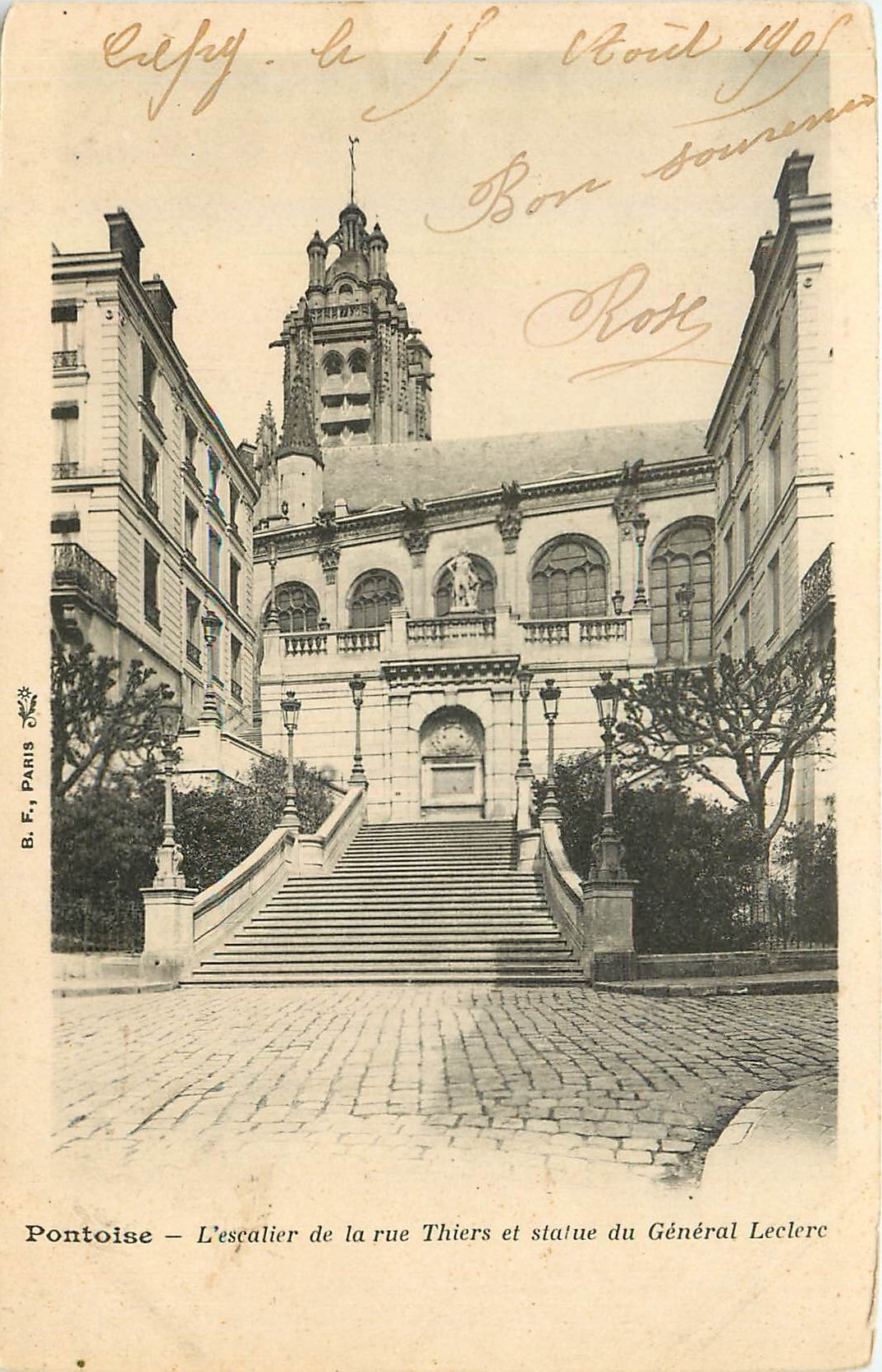 CPA Pontoise l'escalier de la rue Thiers et statue du General Leclerc 