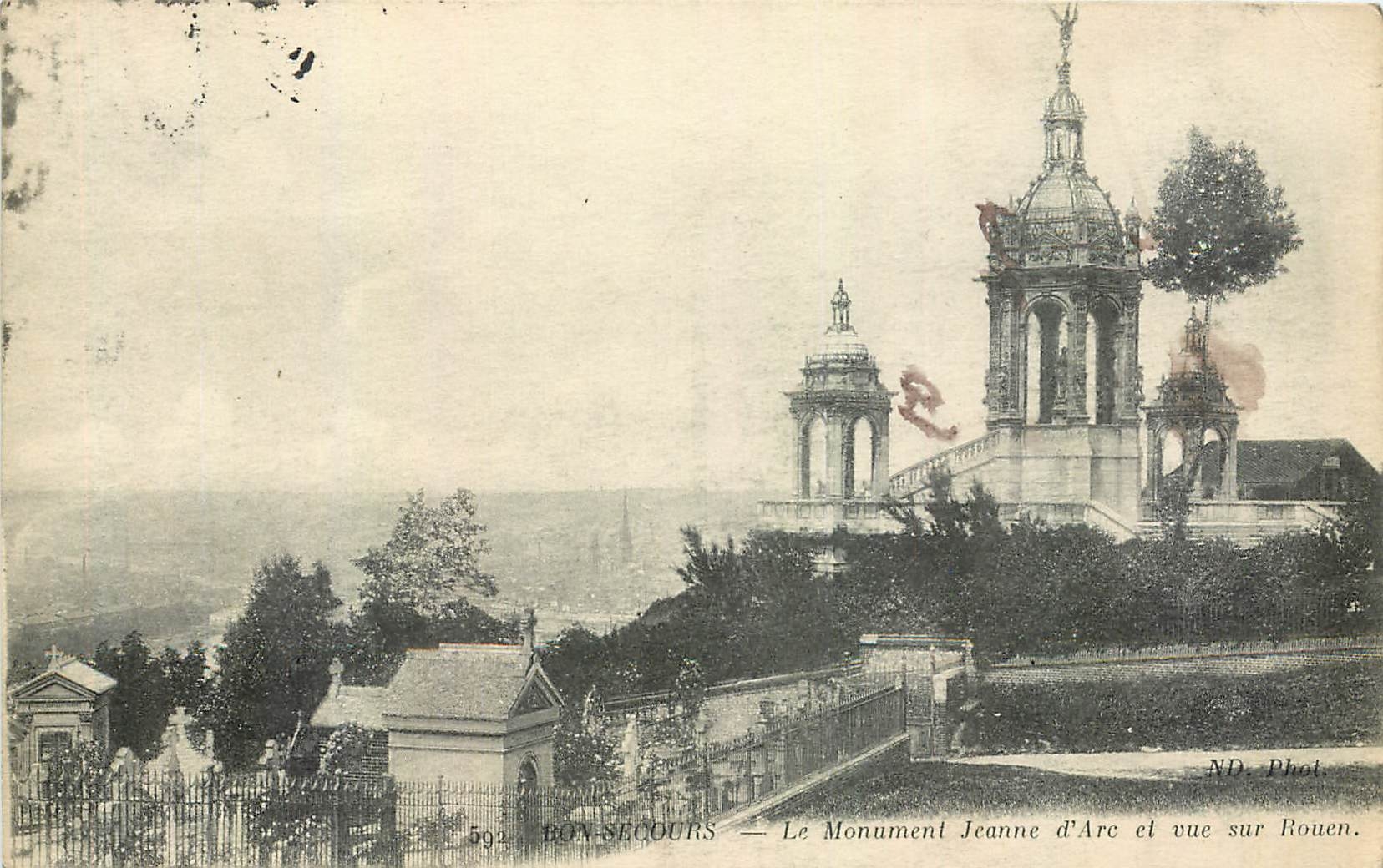 CPA Bon Secours le monuemnt Jeanne d'Arc et vue sur Roeun 