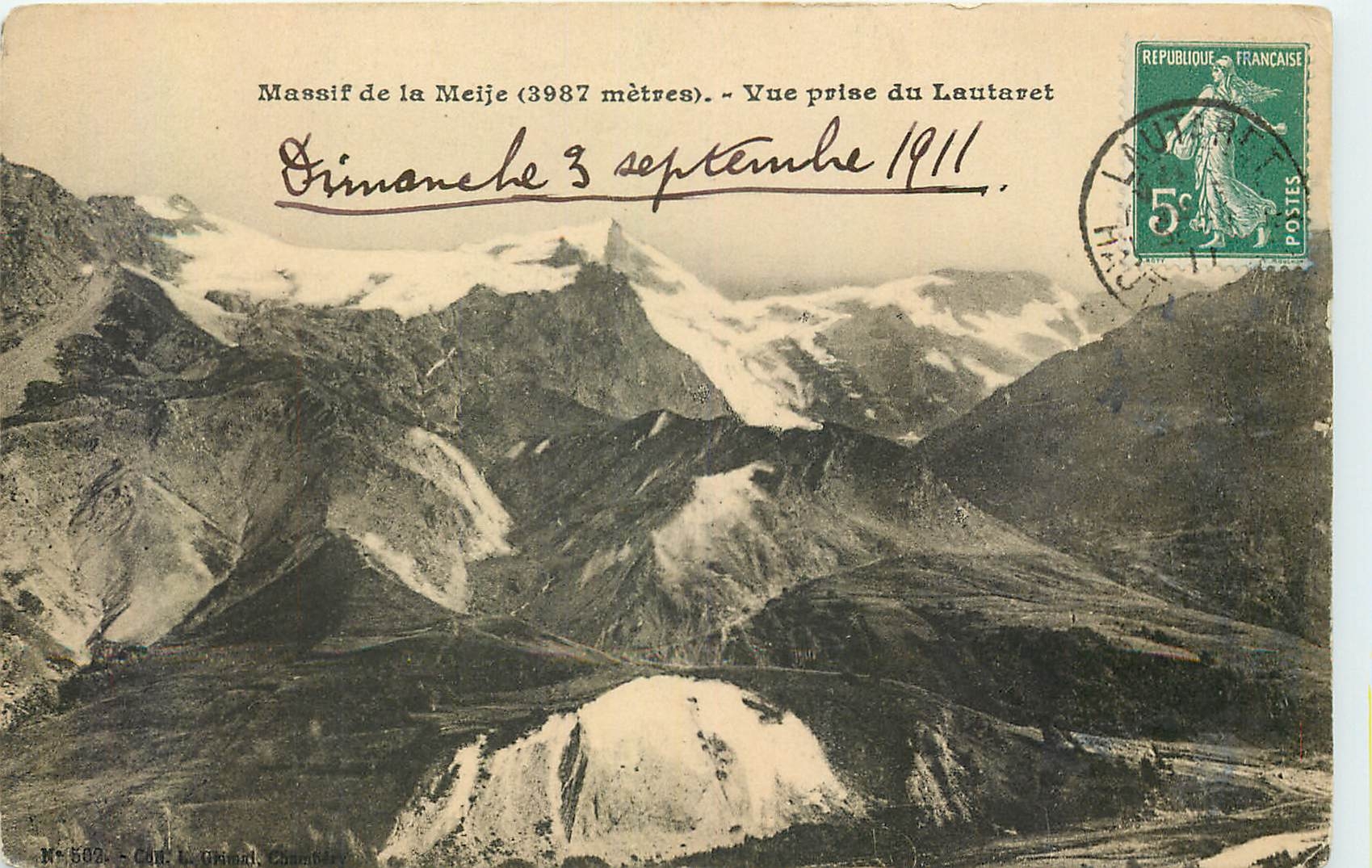 Massif de la Meije (3987 mètres) — Vue prise du Lautaret — C. Le Glaud, Chambéry, n° 582
