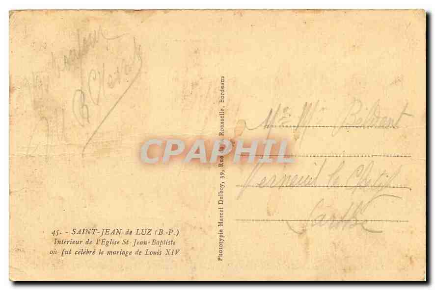 CPA Saint Jean de Luz B P interieur de l'Eglise St Jean Baptiste ou fut celebre le mariage de Louis  — Verso