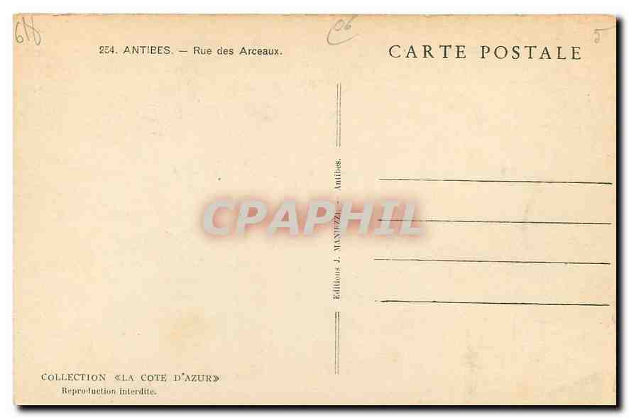 CPA Cote d'Azur Antibes Rue des Arceaux  — Rückseite