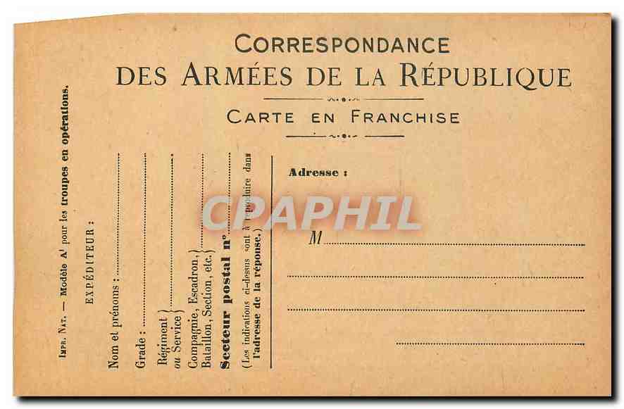 Carte de Franchise Militaire Des Armees de la Republique Modele a pur les troupes en operations 