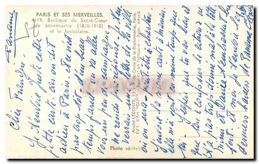 CPA Paris et ses Merveilles Basilique du Sacre Coeur de Montmartre  — Rückseite