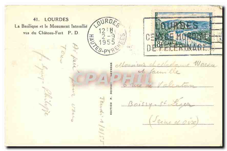 CPA Lourdes La Basilique et le Monument Interallie vus du Chateau Fort  — Verso