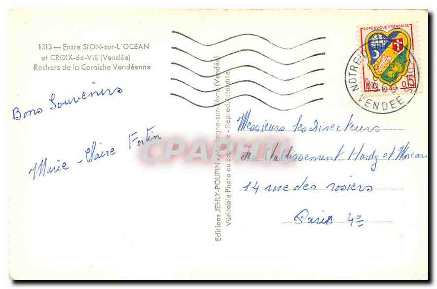 CPA Entre Sion sur l'Ocean et Croix de Vie Vendee Rochers de la Corniche Vendeenne  — Back