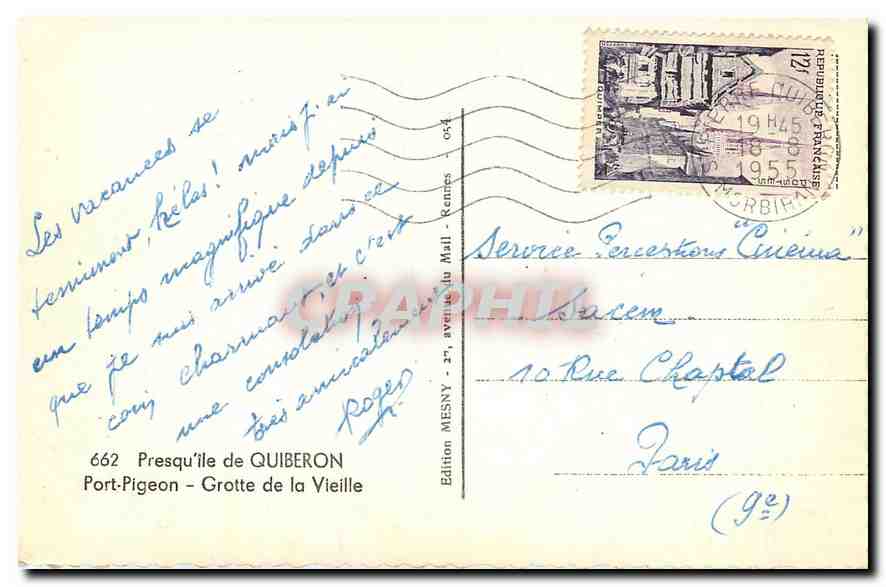 CPA Presqu'ile de Quiberon Port Pigeon Grotte de la Vieille  — Rückseite
