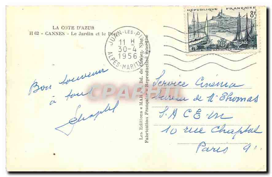 CPA La Cote d'Azur Cannes Le Jardin  — Rückseite