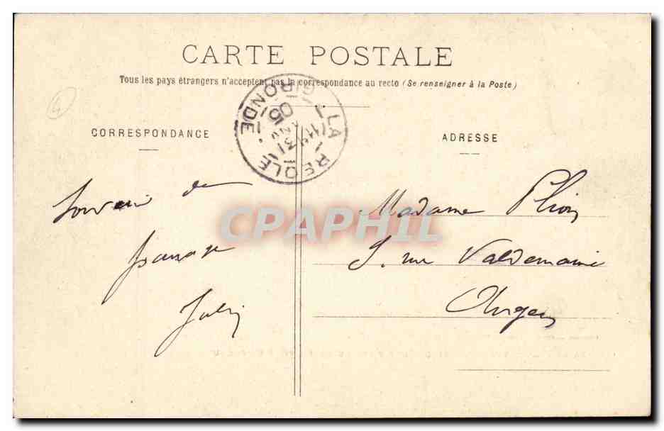 La Reole CPA Vue generale du port prise du grand port suspendu — Rückseite