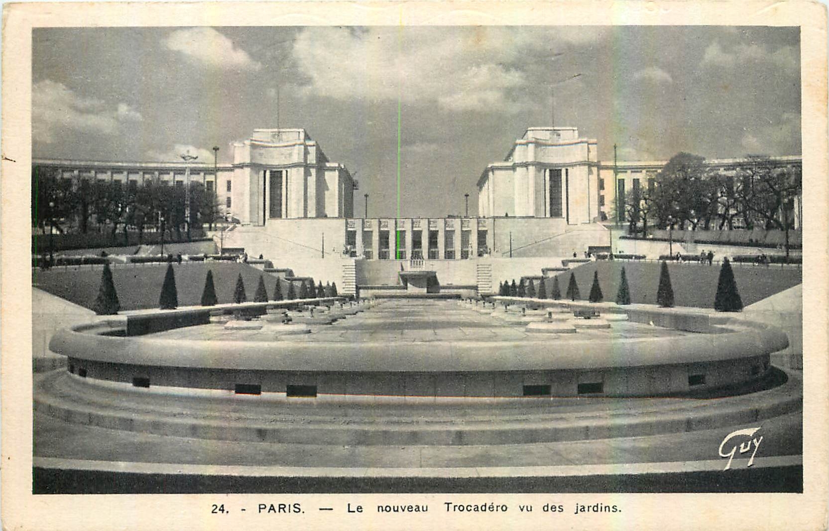 CPA Paris le Nouveau Trocadero vu des Jardins 
