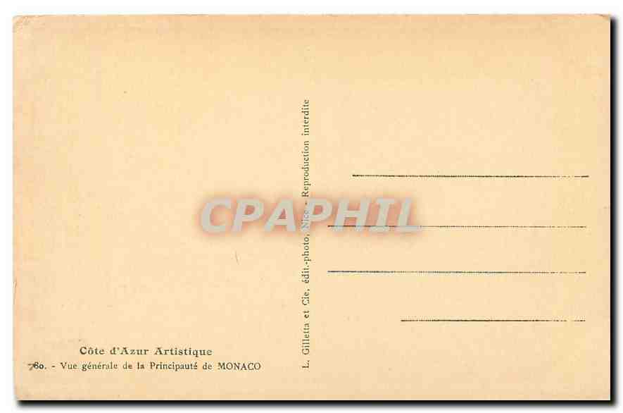 CPA Cote d'Azur Artistique vue generale de la Principaute de Monaco  — Rückseite