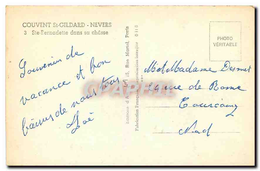 CPA Couvent St Gildard Nevers Ste Bernadette dans sa Chasse  — Rückseite