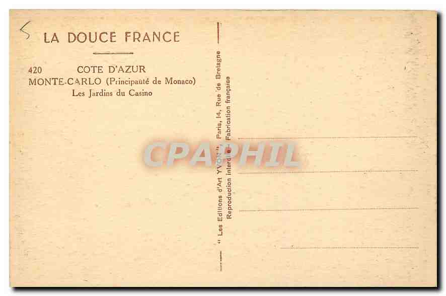 CPA Cote d'Azur Monte Carlo Principaute de Monaco les Jardins du Casino  — Rückseite