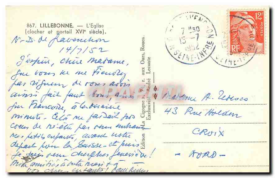 CPA Lillebonne l'eglise clocher et Portail XVI siecle Croix Rouge — Rückseite