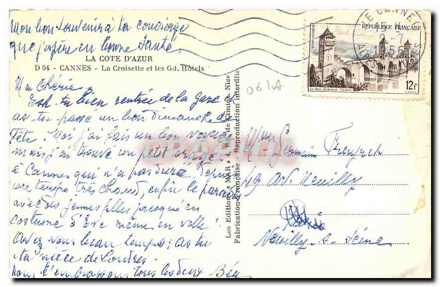 CPA La Cote d'Azur Cannes La Croisette et les Gd Hotels  — Verso