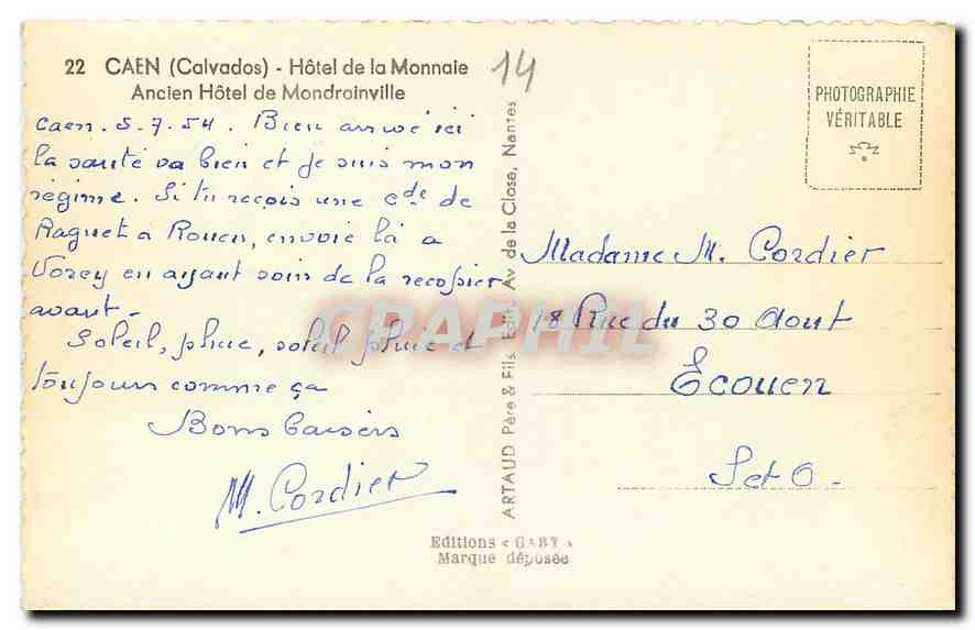 CPA Caen Calvados Hotel de la Monnaie Ancien Hotel de Mondroinville  — Verso