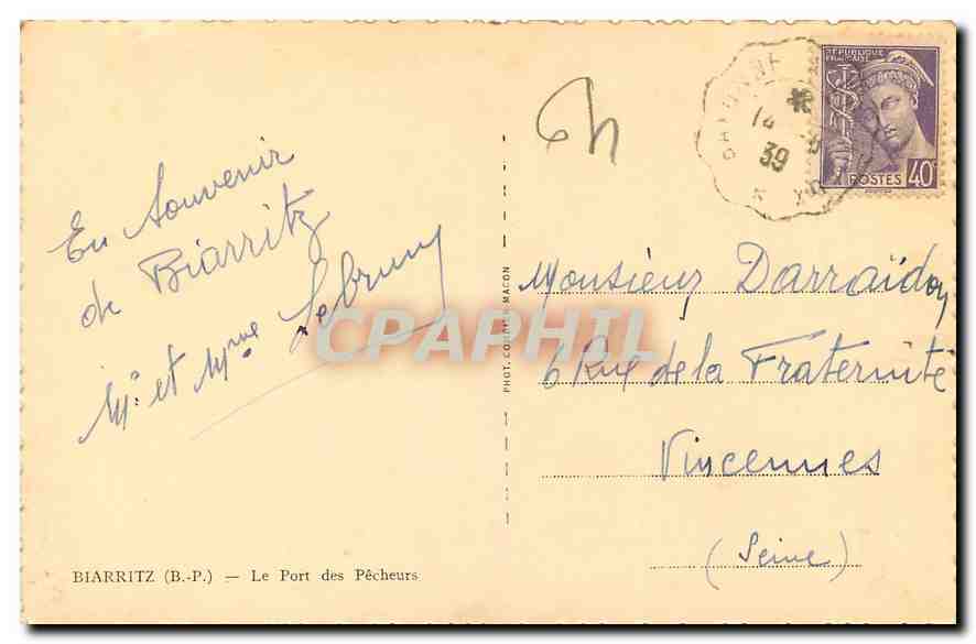 CPA Biarritz le Port des Pecheurs  — Verso