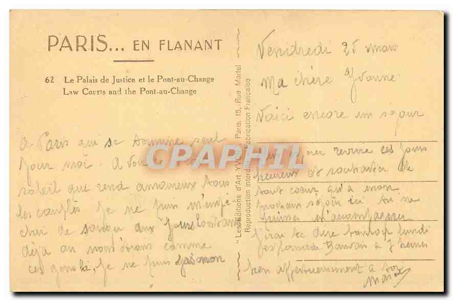 CPA Paris en flanant le palais de Justice et le pont au Change  — Verso