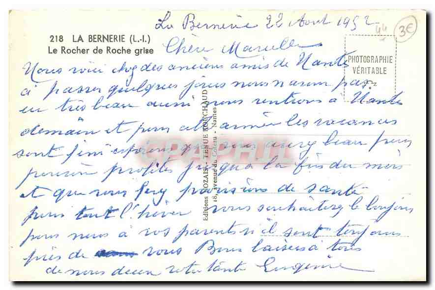 CPA La Bernerie L I Le Rocher de Roche grise  — Rückseite