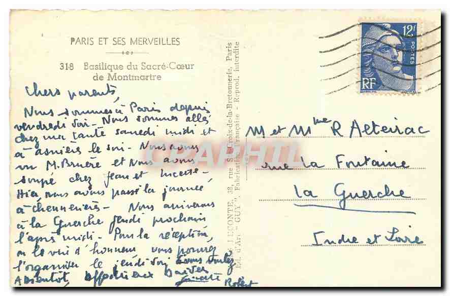 CPA Paris et ses Merveilles Basilique du Sacre Coeur de Montmartre  — Rückseite