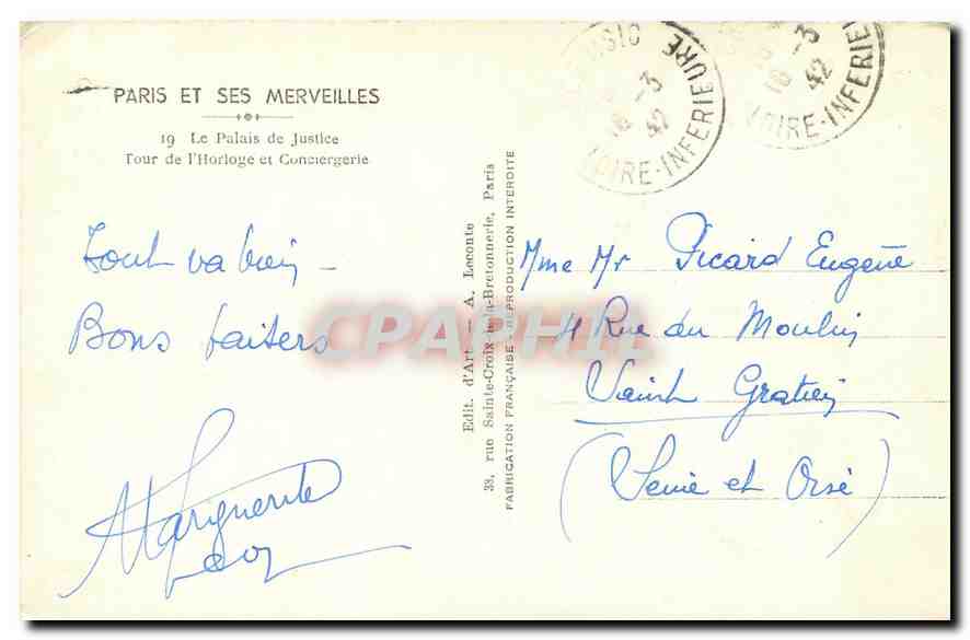 CPA Paris et ses Merveilles Le Palais de Justice Tour de l'Horloge et Conciergerie  — Verso