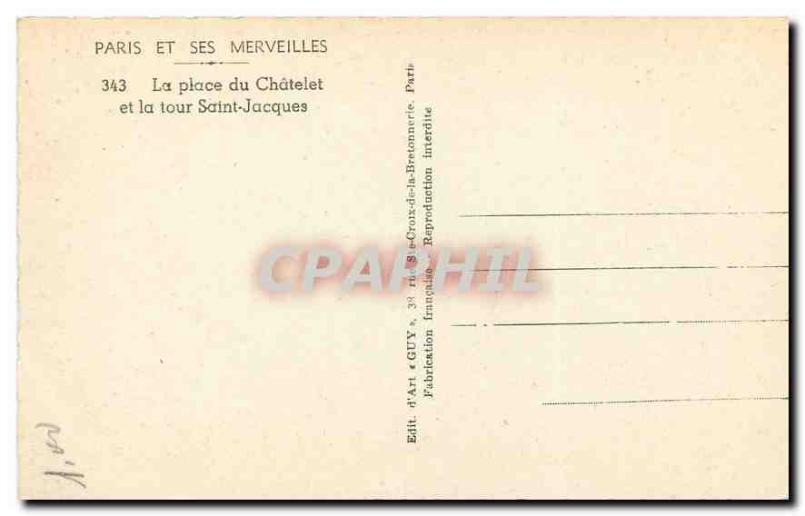 CPA Paris et ses Merveilles La place du Chatelet et la Tour Saint Jacques  — Rückseite