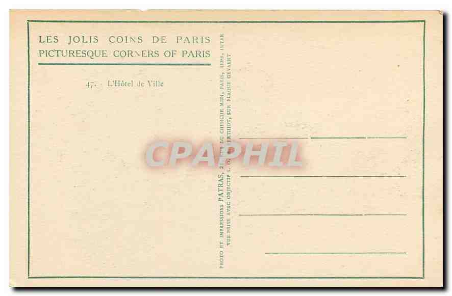 CPA Les Jolis Coins de Paris Picturesque corners of Paris l'Hotel de Ville  — Rückseite