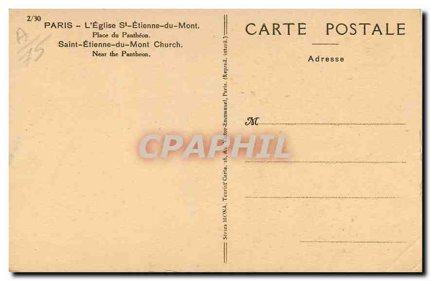 CPA Paris l'Eglise St Etienne du Mont Place du Pantheon  — Rückseite