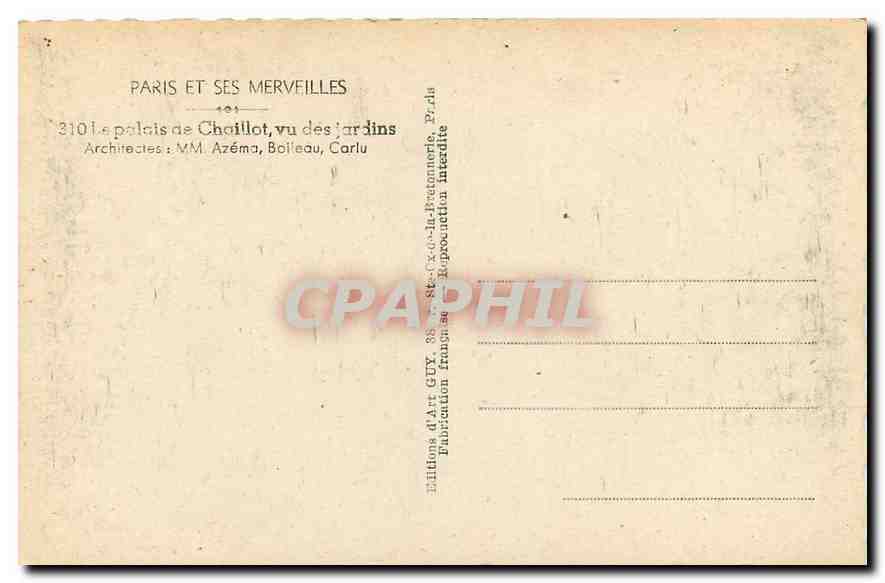 CPA Paris et ses merveilles le palais de Chaillot vu des jardins  — Rückseite