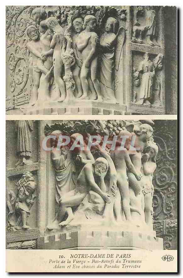 CPA Notre Dame de Paris porte de la Vierge Bas relief Trumeau Adam et Eve chasies du Paradis Terrest