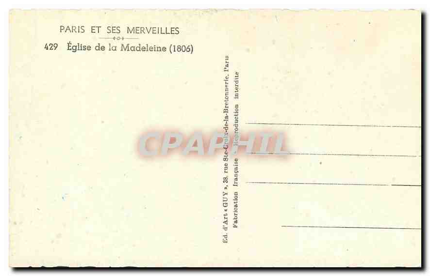 CPA Paris et ses Merveilles Eglise de la Madeleine  — Rückseite