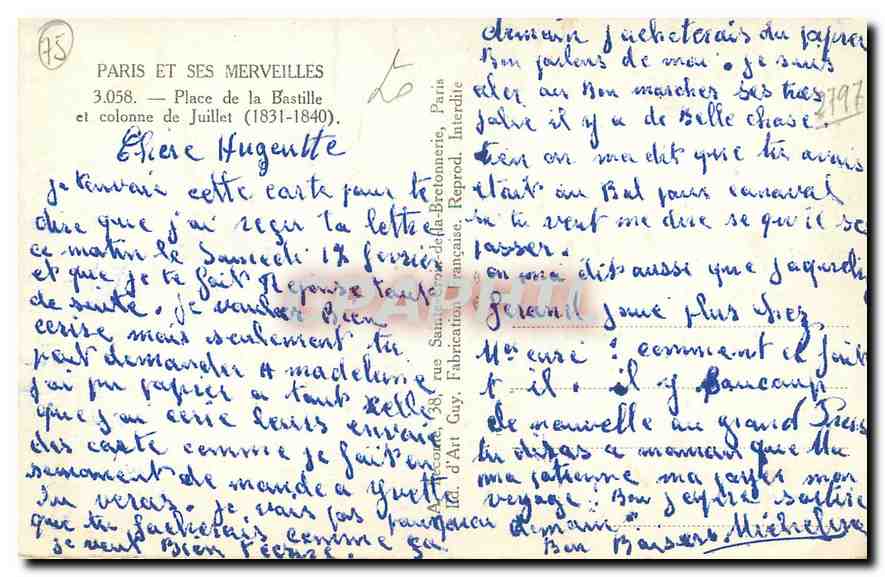 CPA Paris et ses Merveilles Place de la Bastille et colonne de Juillet  — Rückseite