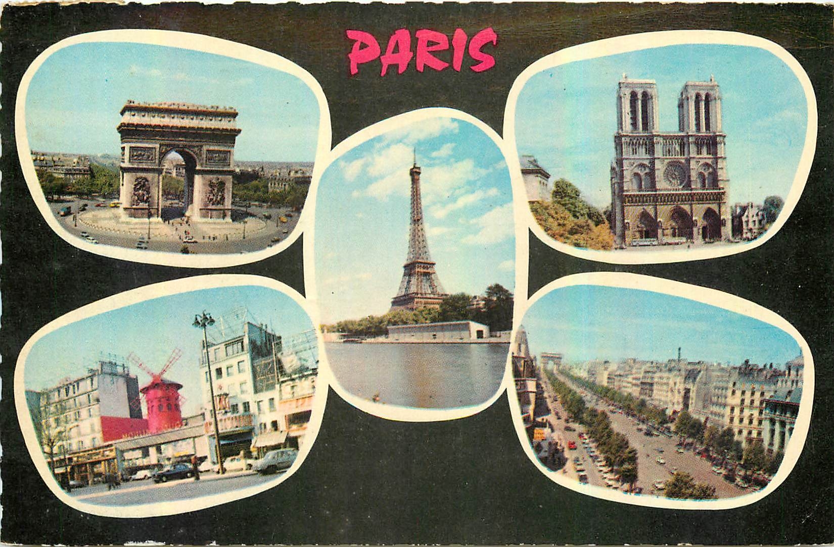 CPA Souvenir de Paris L'Arc de Triomphe de L'Etoile La Tour Eiffel Notre Dame Le Moulin Rouge Les Ch
