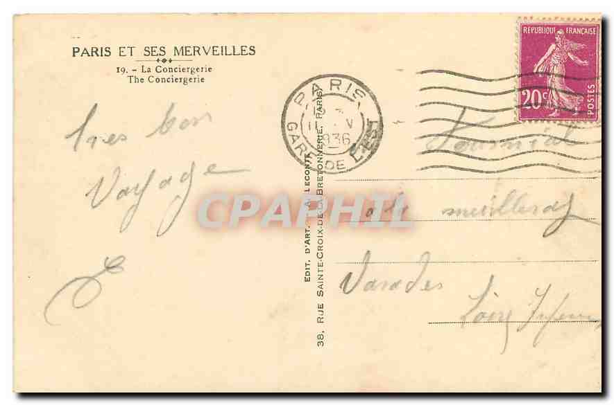CPA Paris et ses Merveilles La Conciergerie  — Verso