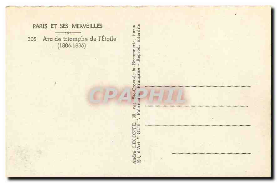 CPA Paris et ses Merveilles Arc de triomphe de L'Etoile  — Rückseite