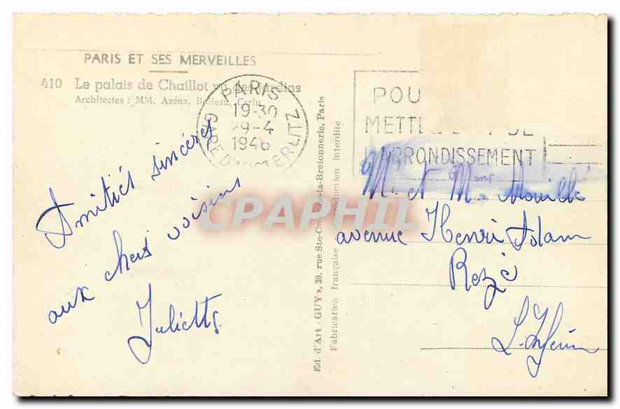 CPA Paris et ses Merveilles le palais de Chaillot vu de Jardins  — Rückseite