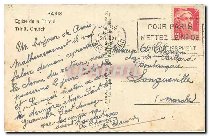 CPA Paris Eglise de la Trinite  — Verso