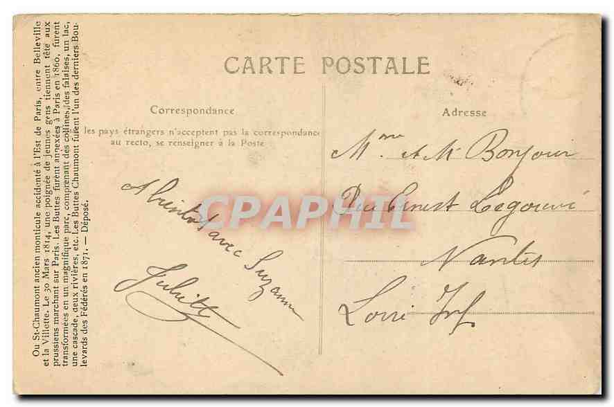 CPA Paris Ou St Chaumont ancien monticule accidente a l'Est de Paris entre Belleville et la Villette — Rückseite